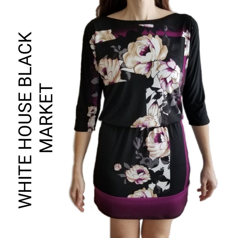 WHBM floral black sheath boat neck dress xsmall